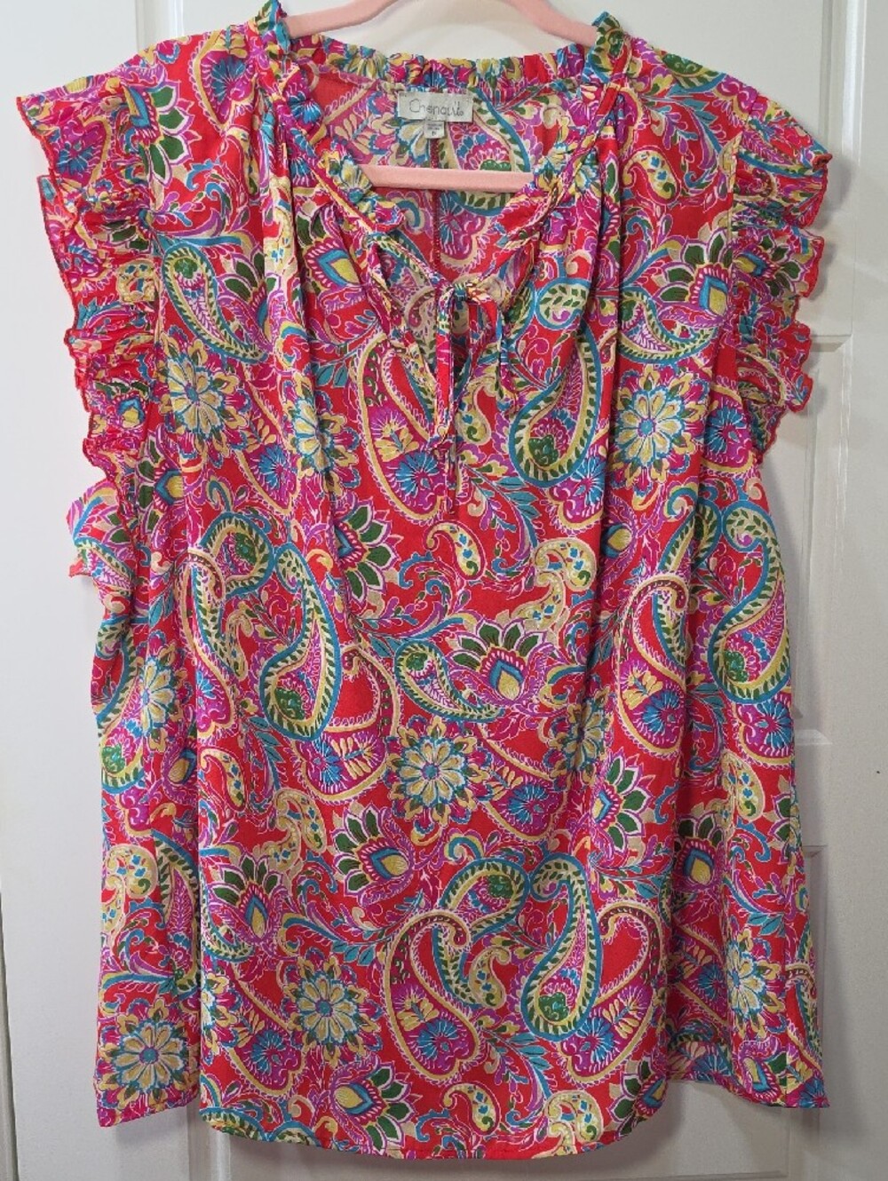 Chenault Vibrant Pink Paisley Tie-Neck Blouse with Ruffled Trim - 1X - Picture 6 of 8